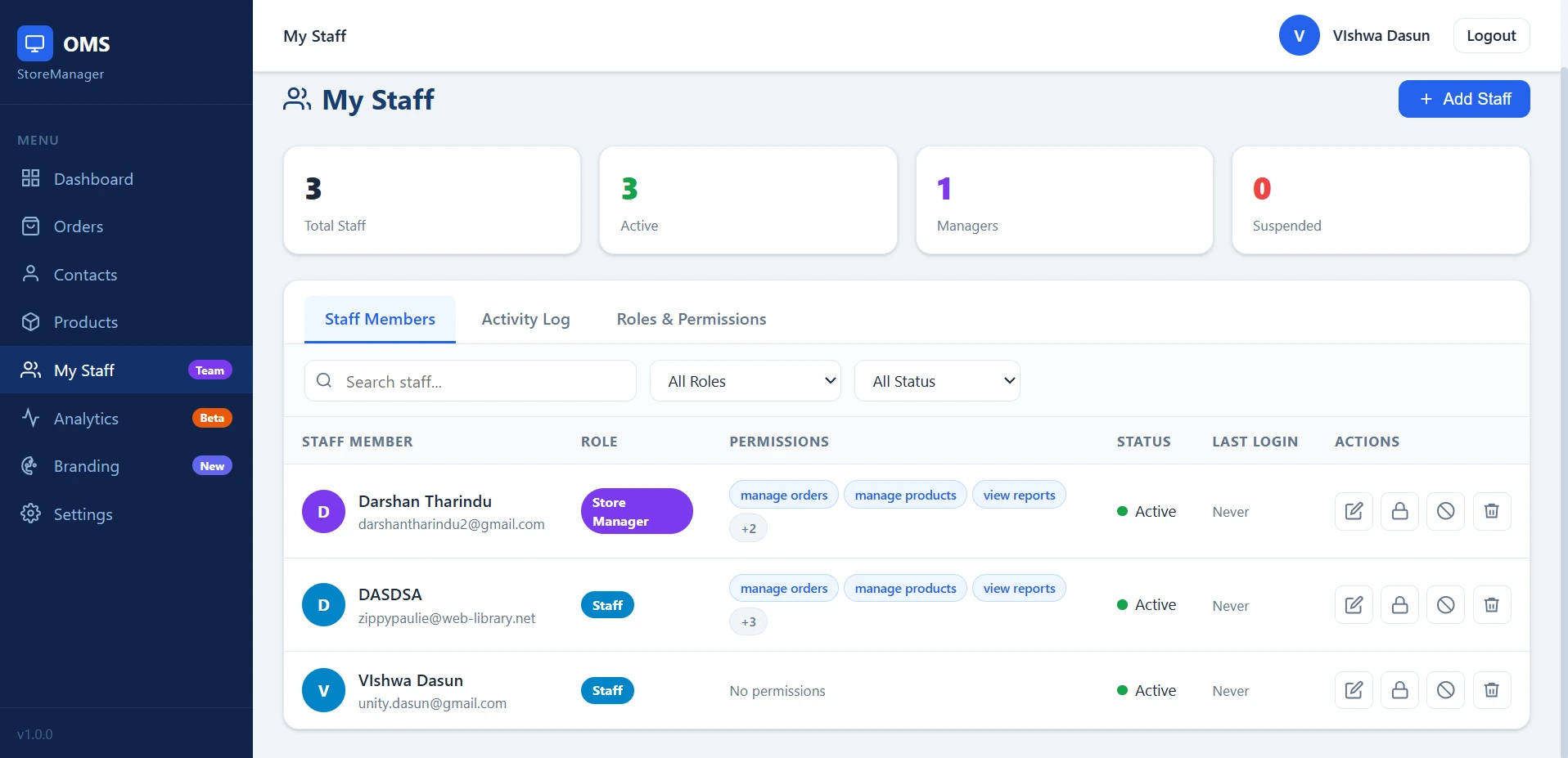 Nexlymate staff accounts and role-based access control panel